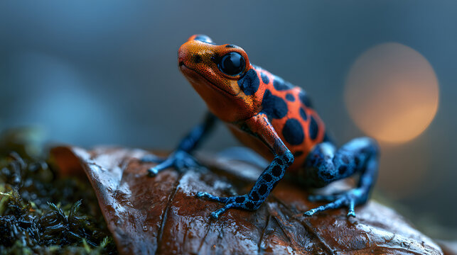A Colorful Poison Dart Frog On A Rainforest Leaf, Soft Golden Hour Light, Shot On 85mm Lens, Shallow Depth Of Field, Cool Muted Blue-Gray Palette, Photorealistic, Ultra-Detailed