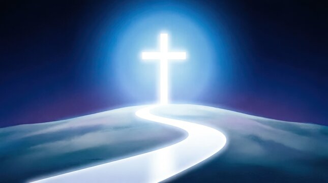 Glowing white cross on hill with shining path
