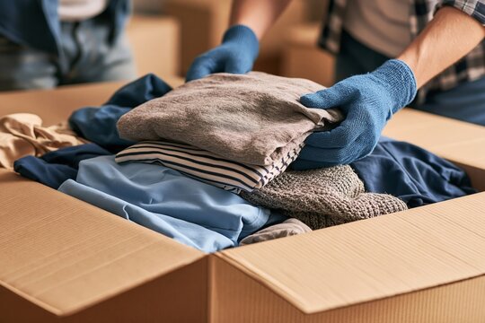 Person wearing blue work gloves packing and organizing folded clothes inside cardboard box