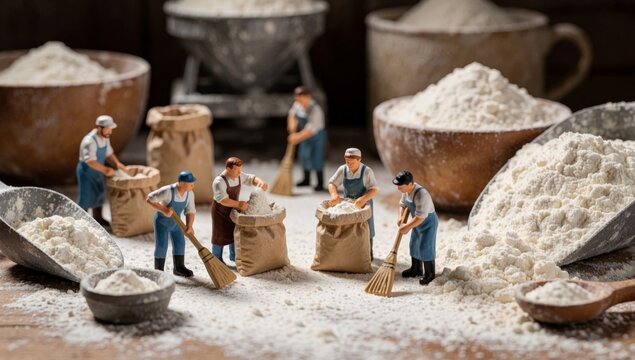 Group miniature figurines people working flour factory there total all wearing blue aprons white hats standing
