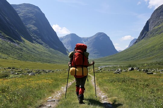 Hiker with heavy red backpack walking along a mountain trail through a green valley landscape