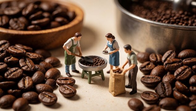 Miniature figurines people working coffee shop person left man wearing green apron holding wooden spoon middle