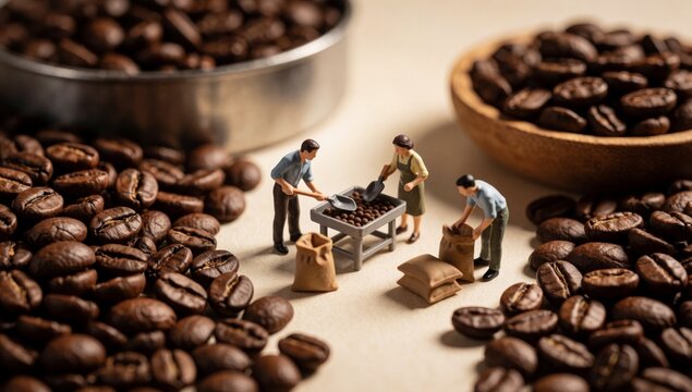 Group miniature people working coffee shop there men woman standing front table beans scattered made metal lar