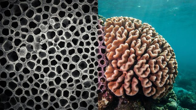 Bleached coral reef comparison, dead white coral skeleton next to healthy living brain coral, underwater climate change impact and ocean conservation