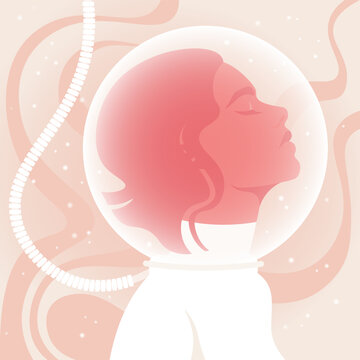 Woman astronaut with closed eyes inside a transparent space helmet, connected by a tube, against a soft pink cosmic background. Flat vector illustration representing space exploration, calm, dreaming