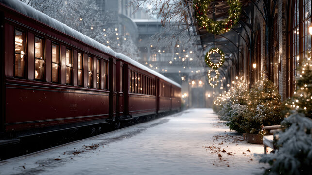 Vintage red christmas train waiting on a snowy platform, illuminated with festive lights, capturing the magic and nostalgia of holiday travel during winter