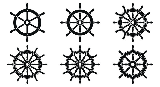 Collection of ship wheels presented as a black silhouette