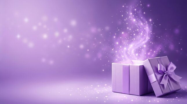 A beautiful magical luxury open gift box with glowing purple sparkles emerging from inside on a soft elegant purple background for holidays