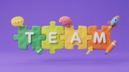 Fototapeta premium Teamwork concept with colorful puzzle pieces forming the word team and supporting icons