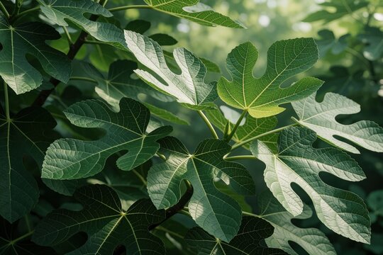 Closeup of green fig tree leaves in garden. Ficus carica foliage shows detailed texture, veins under soft sunlight. Fresh organic plant grows in summer during growing season. Natural background for