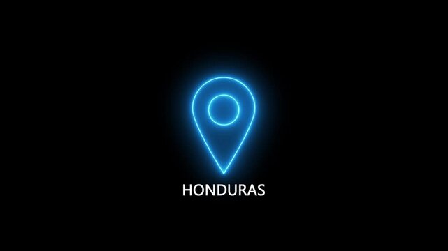 Neon blue location pin icon with the word HONDURAS on a black background HONDURAS map marker