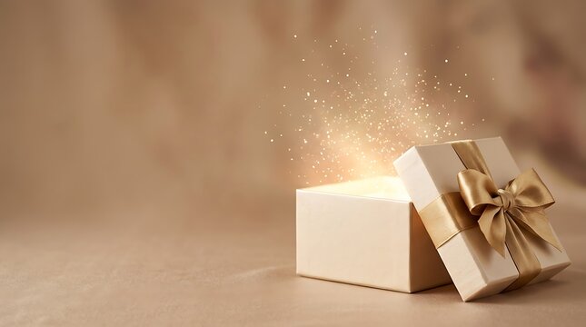 A magical luxury open gift box with golden ribbon glowing with sparkling lights on a soft warm background for special holiday celebration events