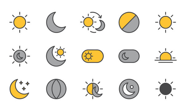 Sun and moon line icons set with yellow color accents for day and night theme switcher interfaces on mobile app.