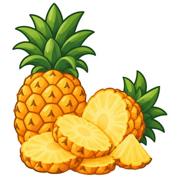 High-quality illustration of a whole pineapple and various slices isolated on a white background. Perfect for summer, healthy food, and tropical themes