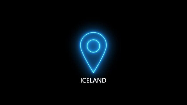 Neon blue location pin icon with the word ICELAND on a black background ICELAND  map marker
