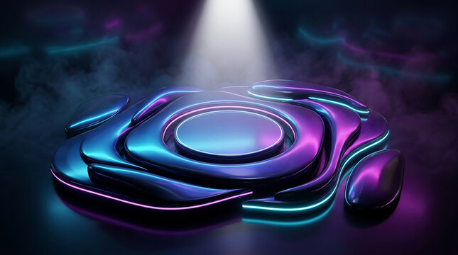 Glossy 3D liquid fluid product podium stage with neon cyan and magenta light reflections on dark background
