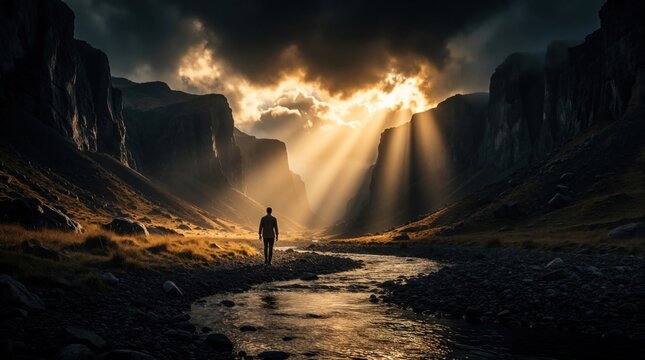 Man walks solo down dramatic canyon path towards bright sunbeams. Rugged terrain and river reflect golden light. Lone figure travels through vast landscape.