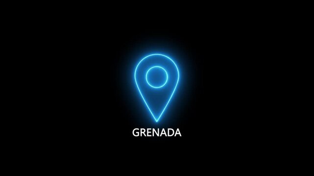 Neon blue location pin icon with the word GRENADA on a black background GRENADA  map marker