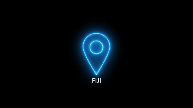 Neon blue location pin icon with the word FIJI on a black background FIJI map marker