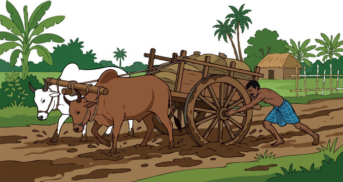 Rural farmer pushing wooden bullock cart stuck in muddy village road agricultural transport scene vector illustration isolated on white background