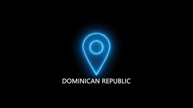 Neon blue location pin icon with the word DOMINICAN REPUBLIC on a black background COMOROS map marker