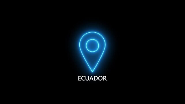Neon blue location pin icon with the word ECUADOR on a black background ECUADOR map marker