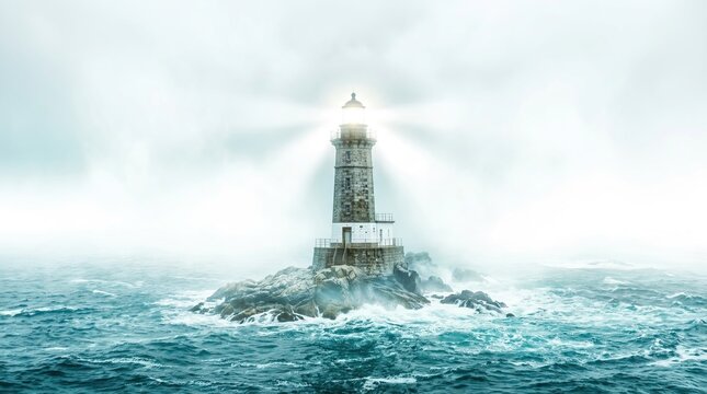 Lighthouse shining brightly through foggy ocean waves with Lighthouse emits light amidst rough sea misty atmosphere atmospheric illuminated beaconlight navigation pathfinder structure lightbeam
