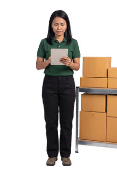 Warehouse Worker Checking Inventory on Tablet Near Boxes