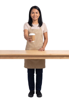 Barista Woman in Apron Serving Coffee Over Counter