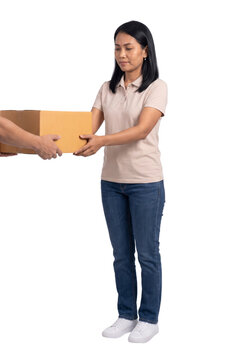 Woman Receiving Cardboard Box Delivery with Both Hands