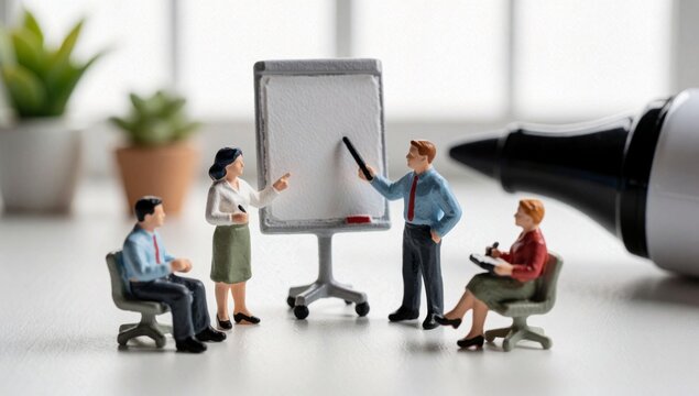 Miniature group people meeting there men women sitting chairs front whiteboard stand black marker right side d