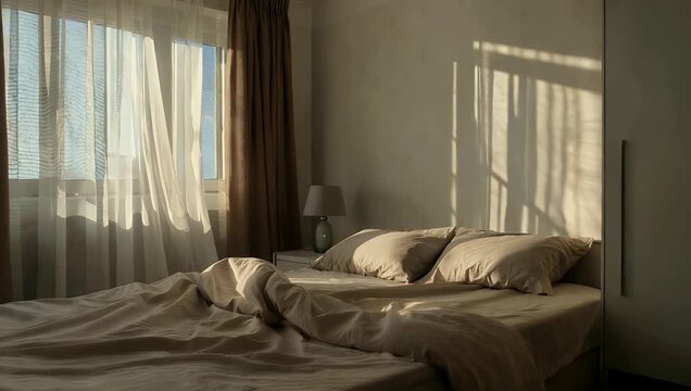 Peaceful 4K cinematic morning scene where soft warm sunlight filters through translucent white curtains into a cozy bedroom casting gentle moving shadows across the wall