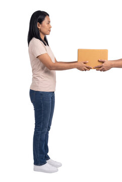 Woman Handing Over Cardboard Box to Another Person