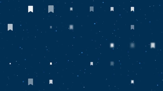 Template animation of evenly spaced bookmark symbols of different sizes and opacity. Animation of transparency and size. Seamless looped 4k animation on dark blue background with stars