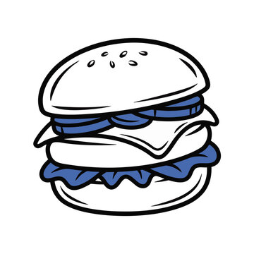 Minimalist handdrawn blue cheeseburger icon with crispy layers, concept for fast food branding, menu design, and casual dining graphics