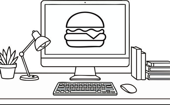 Minimalist handdrawn cheeseburger icon on a sleek computer screen with office desk doodles, concept for fast food branding, menu design, and casual dining graphics