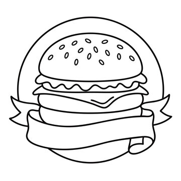 Minimalist handdrawn outline cheeseburger with ribbon detail, concept for fast food branding, menu design, and casual dining graphics