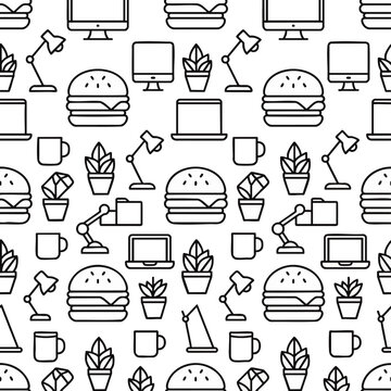 Minimalist blue isolated doodle-style fast food icons featuring burgers, laptops, and plants, perfect for menu design, branding, and casual graphic projects