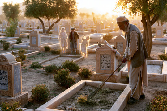 AI generator images of  serene Muslim graveyard at dawn, soft golden light illuminating neatly arranged traditional headstones with Arabic inscriptions, scattered trees and low shrubs.