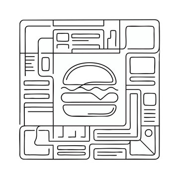 Minimalist handdrawn outline cheeseburger icon with bold lines, concept for fast-food branding, menu design, and casual dining graphics