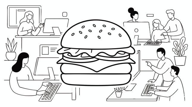 Vibrant handdrawn cheeseburger icon with casual office workers doodle, concept for fast food menu design, snack branding and minimalist graphic illustration