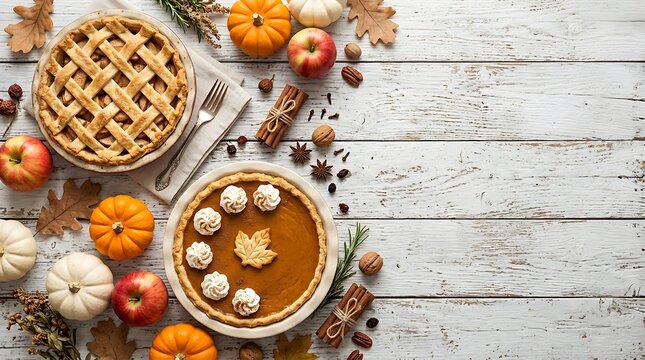 Top view of thanksgiving pies with pumpkins, apples, cinnamon sticks, and autumn leaves on a rustic white wooden background