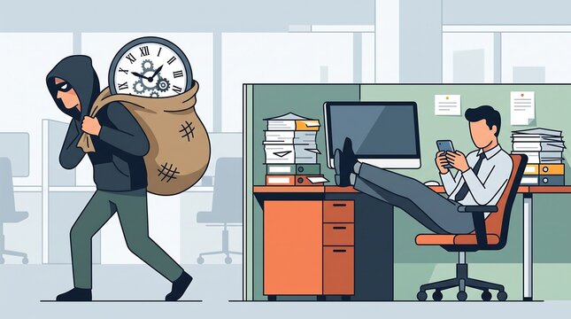Time thief stealing clock from office, lazy employee wasting time at desk, concept of productivity loss and corporate theft