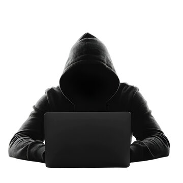 Silhouetted figure of an anonymous person in a hoodie typing on a laptop computer concept for internet privacy and hacking isolated on a clean white background.