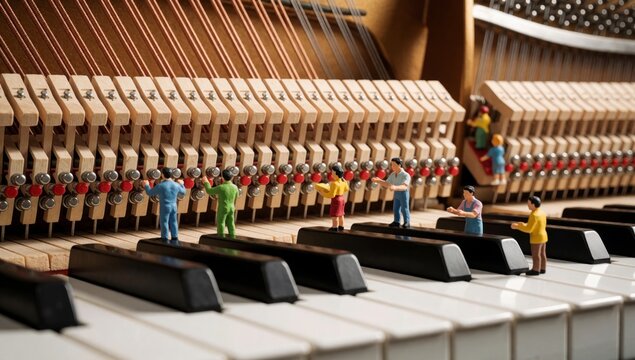 Close-up piano keyboard group miniature people standing keys black white strings instrument visible background