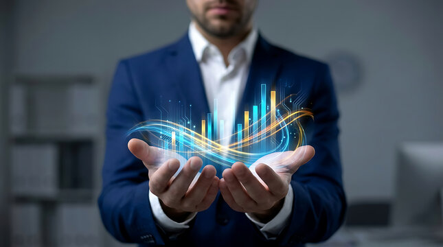 Businessman holding glowing data visualization of financial growth and digital network connections
