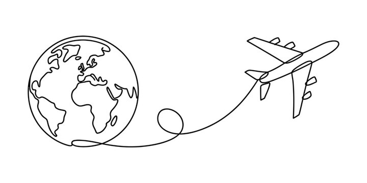Continuous single line drawing of an airplane flying around the world globe icon Vector, illustration