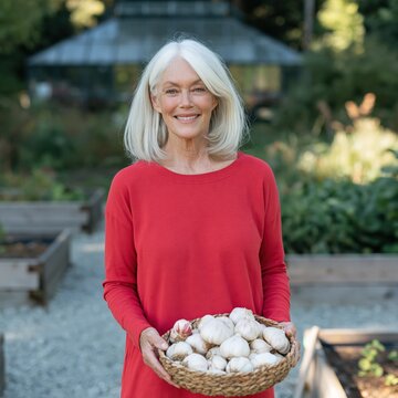 Elderly woman holding a bowl of garlic in a vegetable garden near a greenhouse for farmstand banner and healthy food background