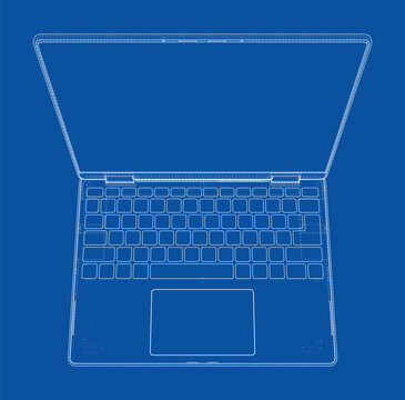 laptop wireframe illustration on blue. Vector