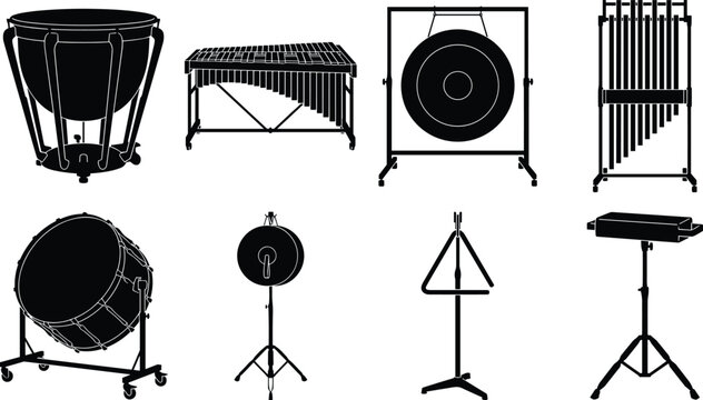 Collection of orchestral percussion musical instrument black silhouettes featuring timpani xylophone gong and bass drum vector icons